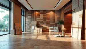 Mise en valeur de carreaux de carrelage variés dans un intérieur moderne, aux tons chauds et textures.