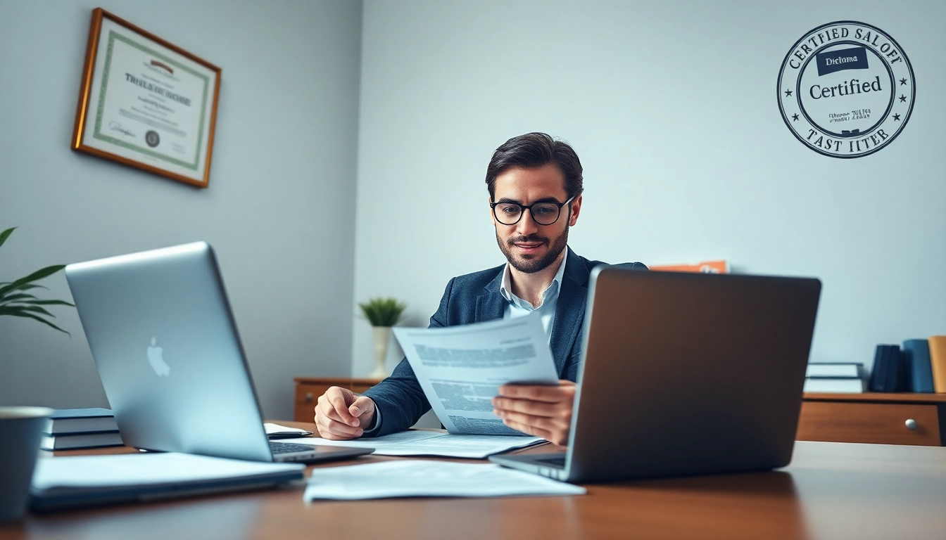 Environnement professionnel montrant un traducteur travaillant sur des traductions assermentées avec des documents officiels.
