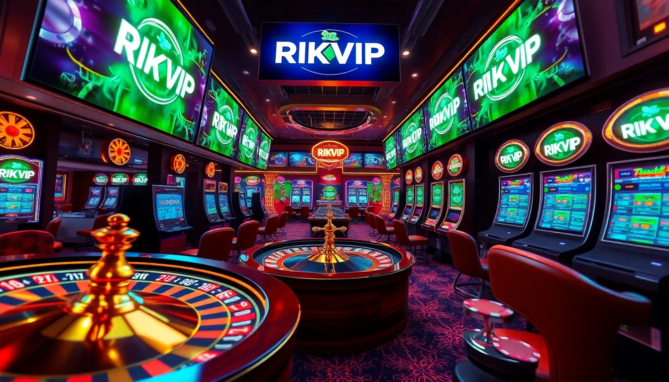 Players engaging with RIKVIP's immersive online gaming experience featuring vibrant casino elements.