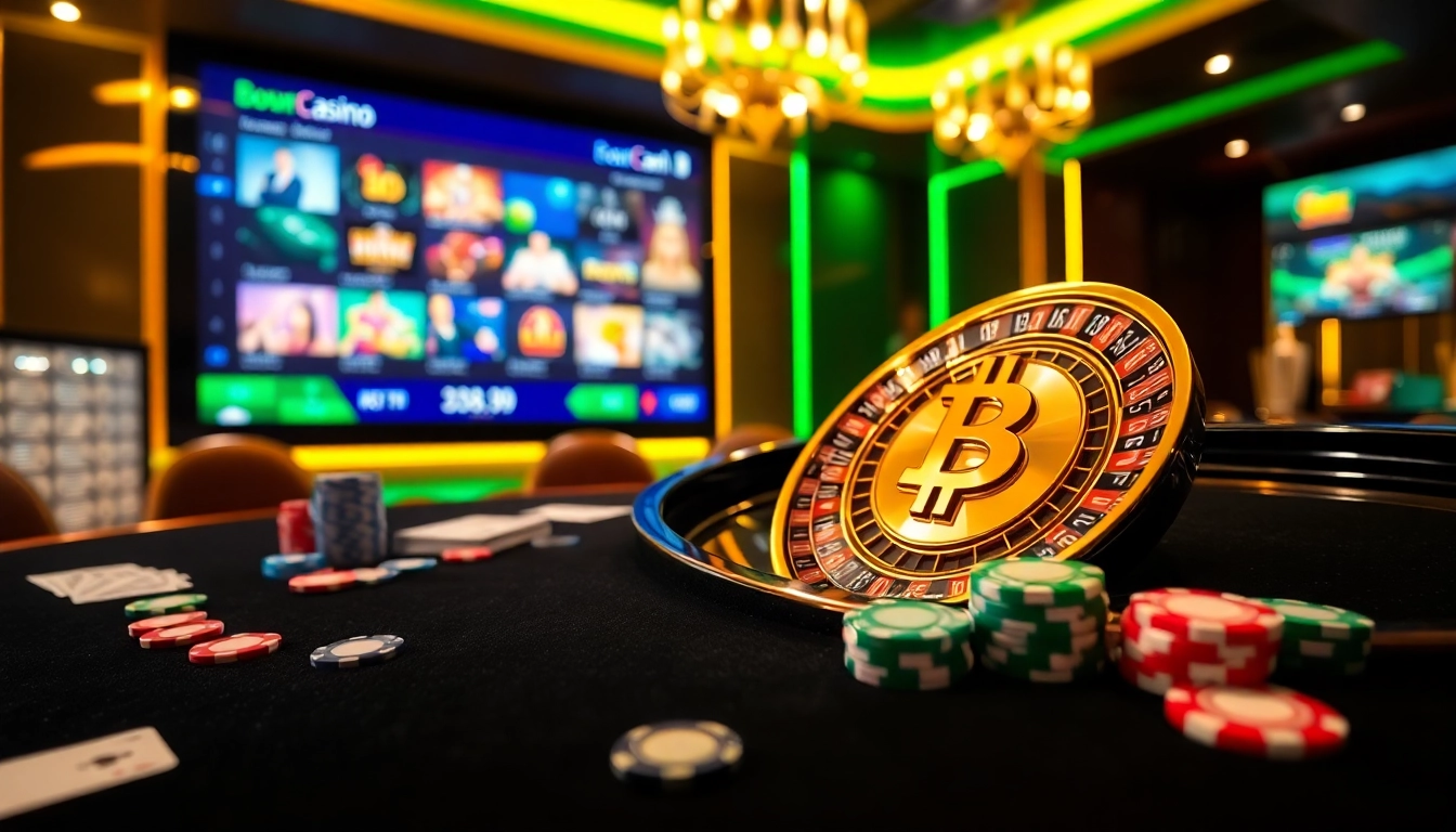 Engaging Bitcoin casinos experience with a vibrant roulette wheel and poker elements.