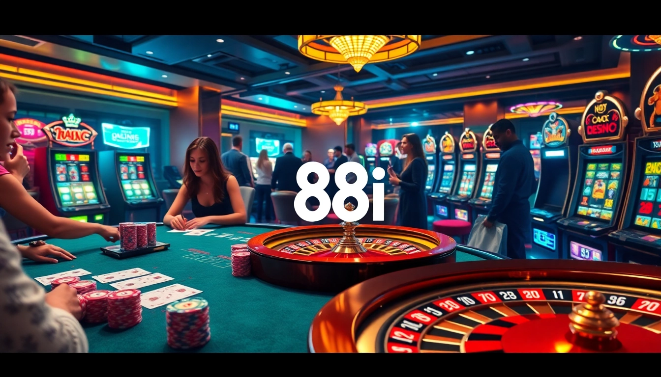 Players enjoying a thrilling game of poker at the 88i casino, with vibrant chips and cards enhancing the excitement.