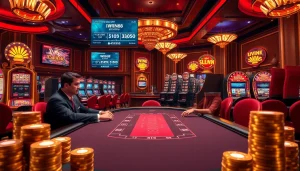 IWIN68 players engaging in an immersive casino experience with poker games and slot machines.