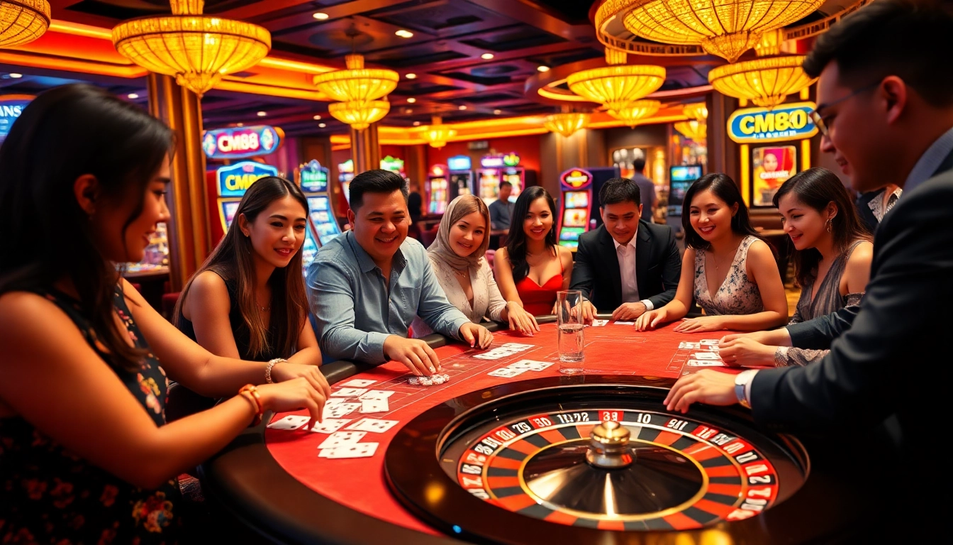 Experience the thrill of gaming at the CM88 casino table with poker chips and cards.