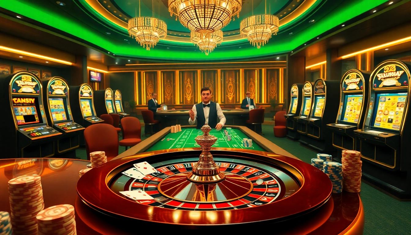 Experience the thrill of kuwin 24 at a luxurious casino with roulette tables and vibrant gaming elements.
