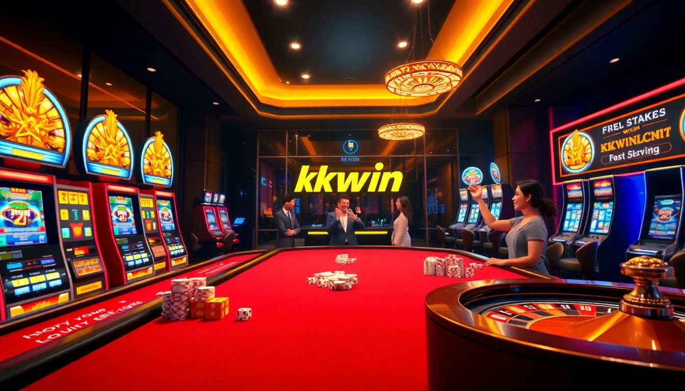 Players celebrating wins at kkwin.com casino with vibrant poker tables and slot machines.