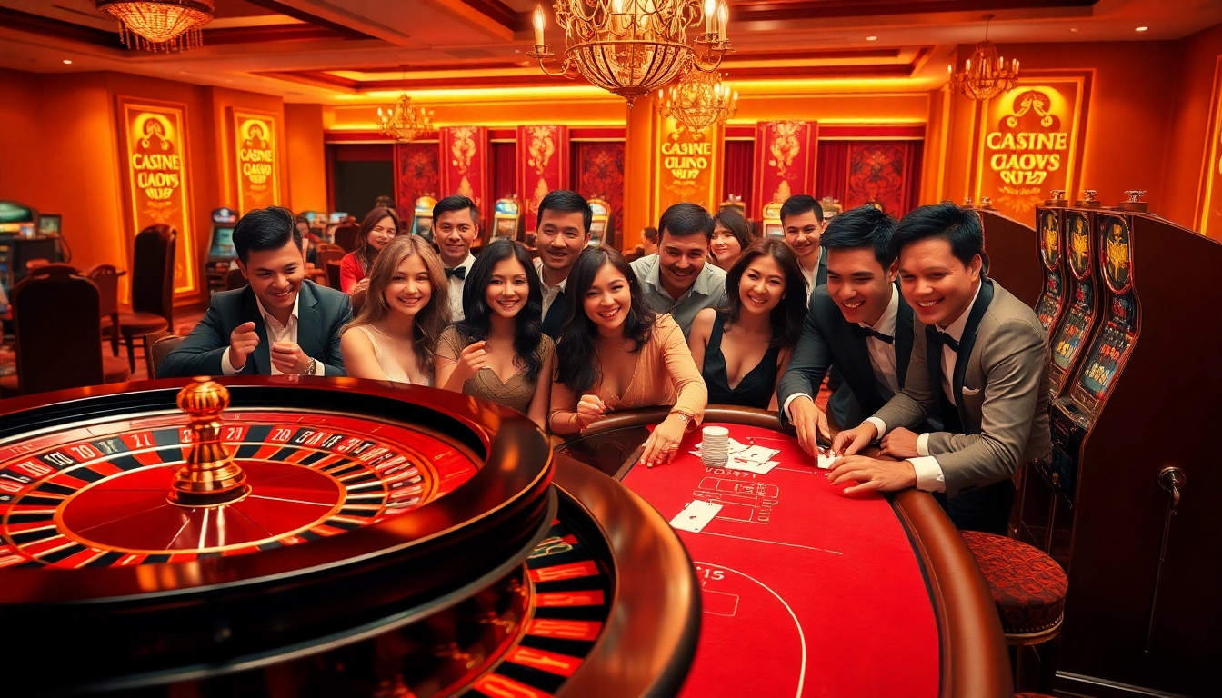 Casino excitement at dh88 com with players engaging in poker and roulette.