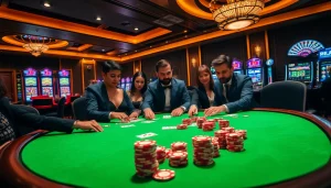 Engaged players at a luxurious poker table, inspired by https://rr88sn.com/, showcasing casino excitement.