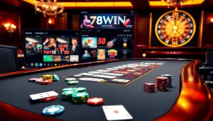 Exciting gaming scene at 78WIN with poker chips, cards, and roulette wheel.