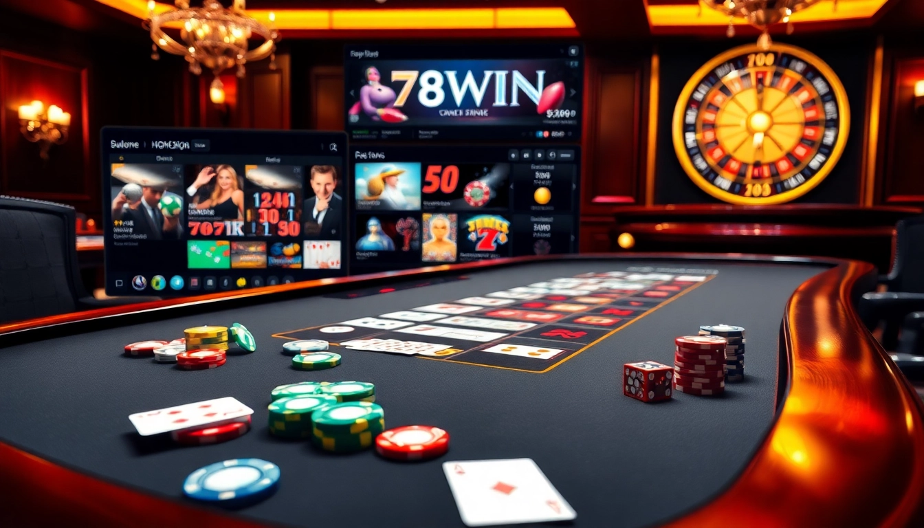 Exciting gaming scene at 78WIN with poker chips, cards, and roulette wheel.