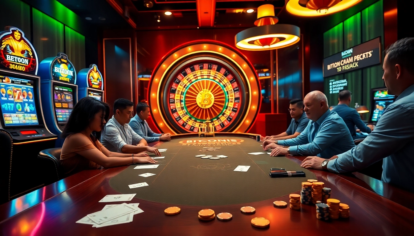 Engage in the excitement at Bitcoin casinos with players at a poker table and colorful slot machines.