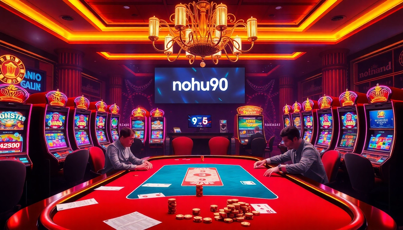 Nohu90 casino scene with high-stakes poker players and vibrant slot machines.