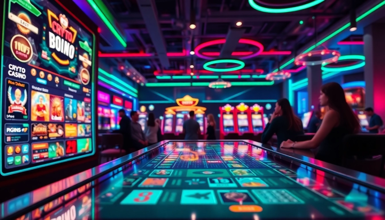 Crypto casino vibrant digital interface with players enjoying immersive gaming experience.