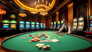 Engaging casino scene showcasing gambling excitement with Link vào X88 features and luxurious decor.