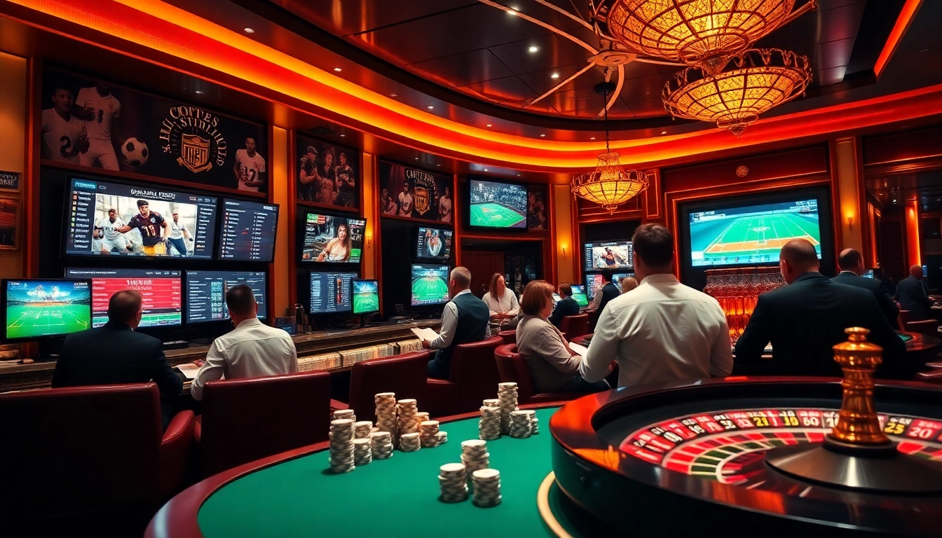 Exciting scene of site paris sportif retrait instantané with vibrant betting lounge and customers engaged.