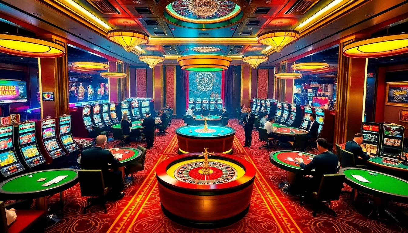 Experience the thrill of the 789win link in a vibrant casino scene filled with slot machines and poker tables.
