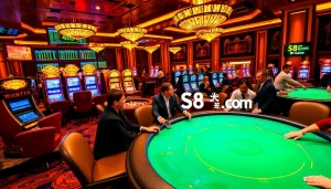 Players enjoy a vibrant poker game at s8.com casino, showcasing excitement and luxury.