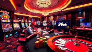 Gamblers enjoying the excitement of 99ok at a vibrant casino table filled with chips and betting slips.