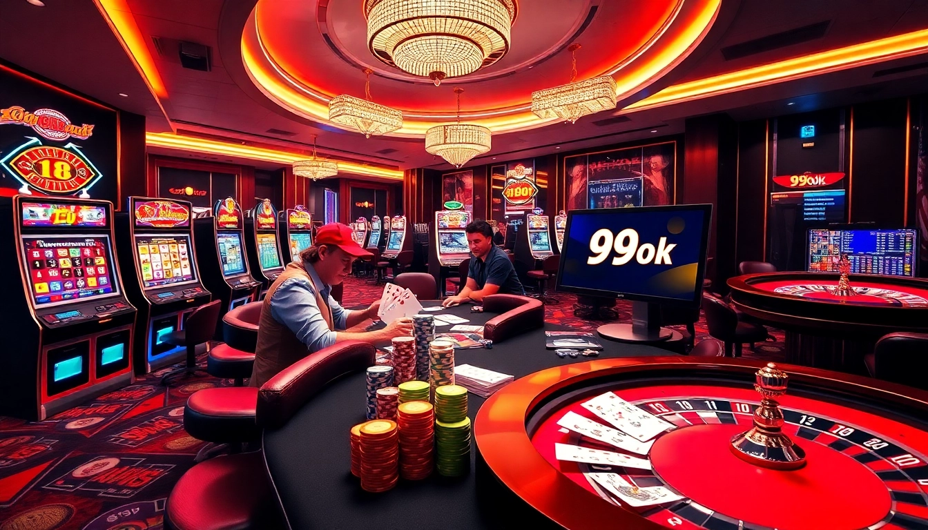 Gamblers enjoying the excitement of 99ok at a vibrant casino table filled with chips and betting slips.