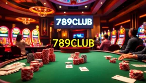Players enjoying thrilling games at 789CLUB casino with poker chips and bright slot machines.