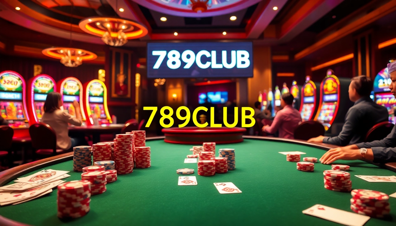 Players enjoying thrilling games at 789CLUB casino with poker chips and bright slot machines.