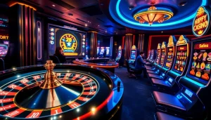 Des joueurs engagés profitant d'une expérience de casino crypto en ligne avec des machines à sous vibrantes et des jetons de poker.