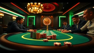 High-stakes players at qh88 poker table surrounded by vibrant casino atmosphere.