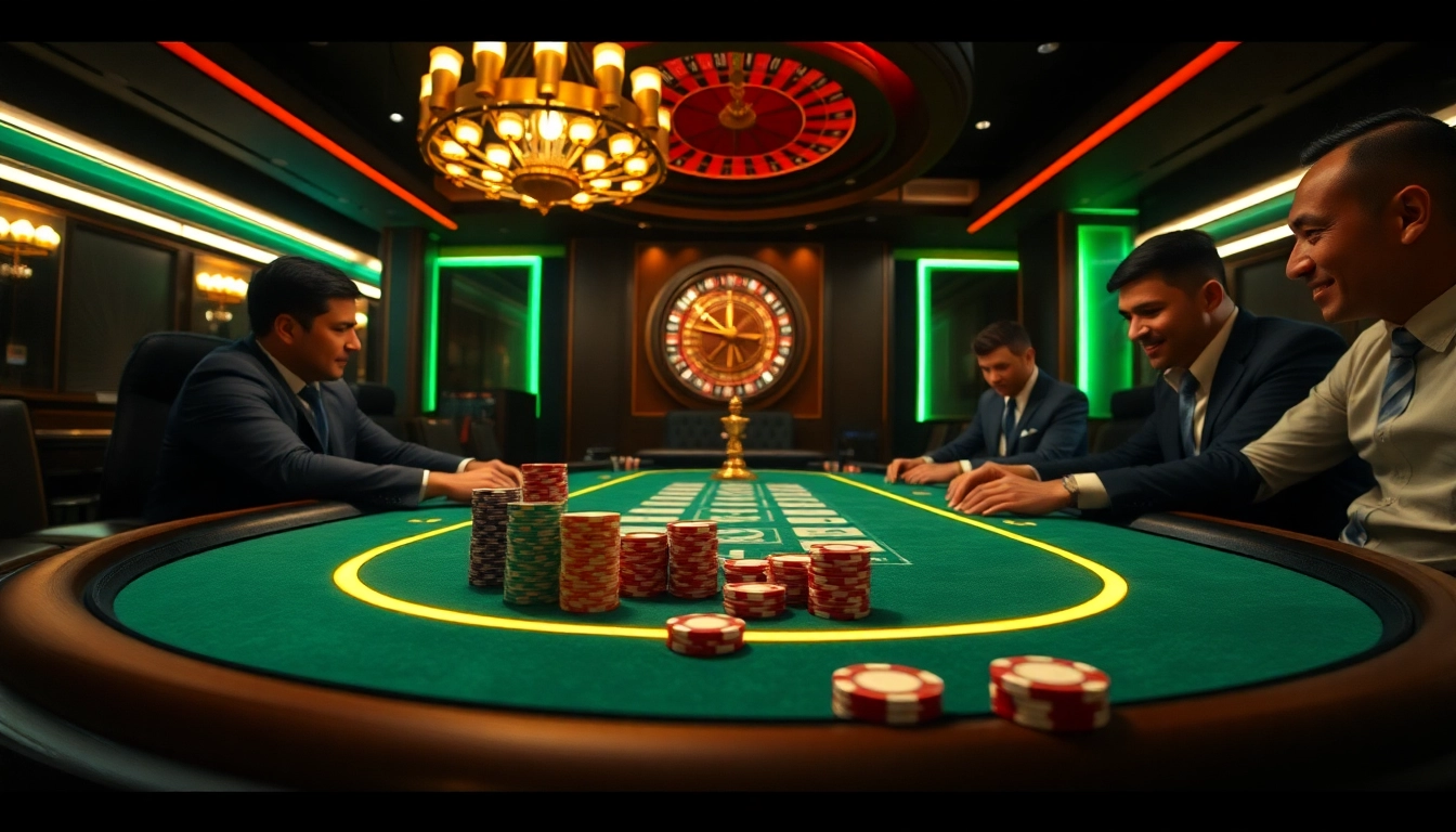 High-stakes players at qh88 poker table surrounded by vibrant casino atmosphere.