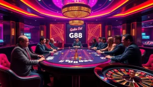 Players enjoying a thrilling game at a luxurious GK88 COM casino table, surrounded by vibrant gaming elements.