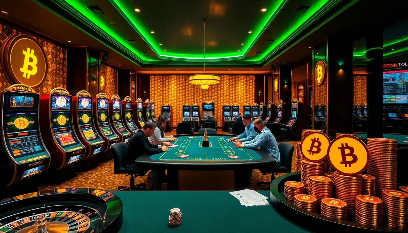 Experience the excitement of Bitcoin casinos with vibrant gaming tables and eager players.