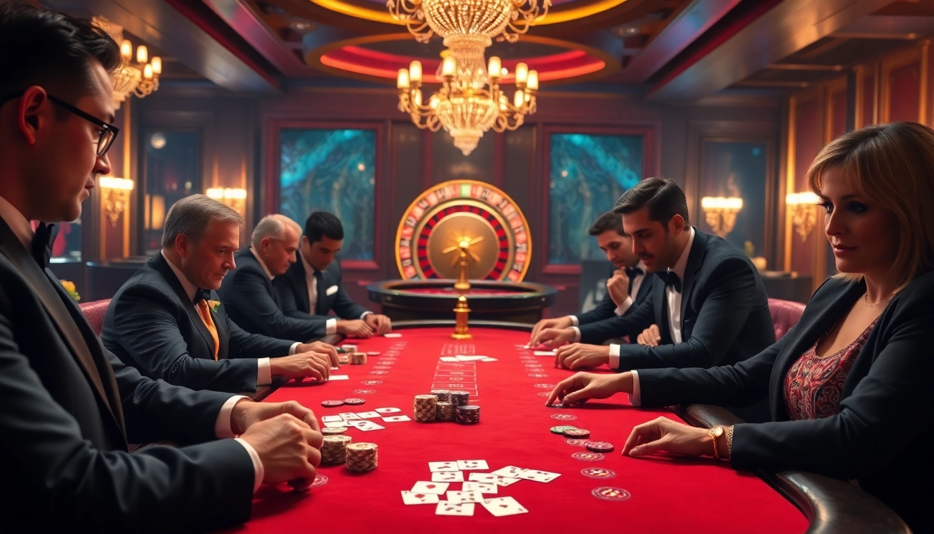 Excited players at a 28bet poker table surrounded by colorful chips and cards.