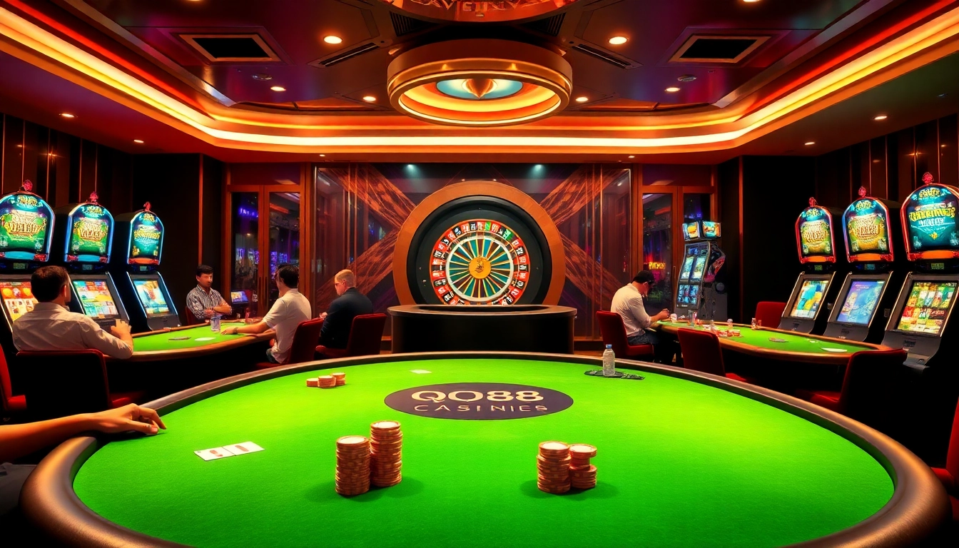 Engaged players enjoying high-stakes games at QQ88's luxurious casino interior.