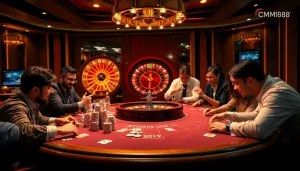 Experience high-stakes poker action at CM88 casino with vibrant colorful chips and attentive players.