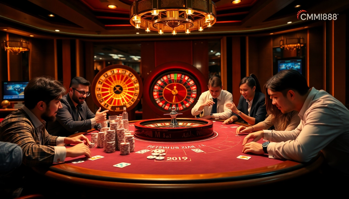 Experience high-stakes poker action at CM88 casino with vibrant colorful chips and attentive players.
