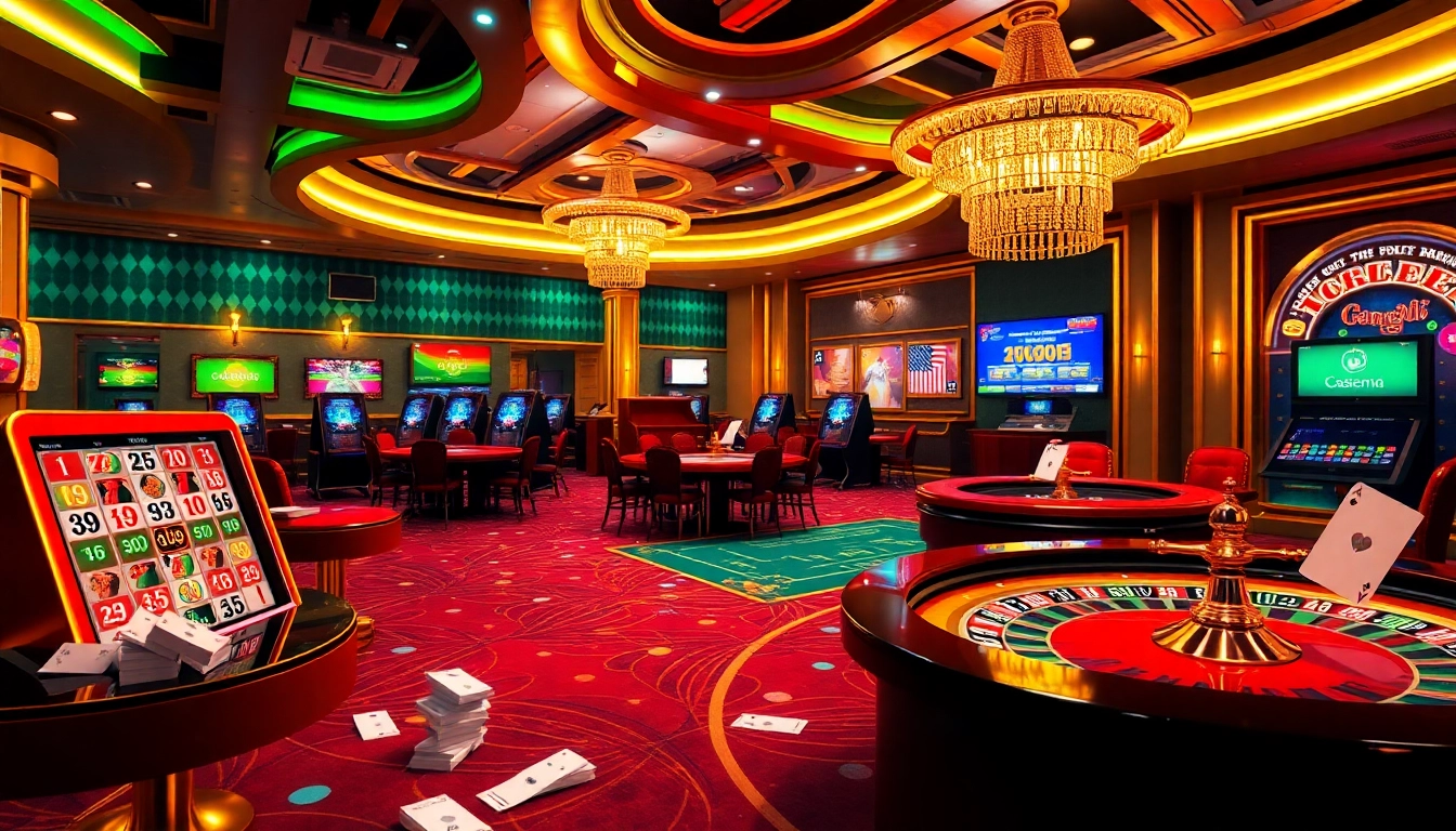 Une expérience de jeu en ligne captivante avec des visuels vibrants représentant le casino en ligne France, entourée de machines à sous virtuelles et de tables de poker.