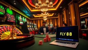 Engaging players experiencing FLY 88 at a luxurious casino with vibrant slot machines and a roulette wheel.