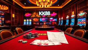 Exciting gambling scene at NK88 Casino with poker chips and vibrant slot machines.