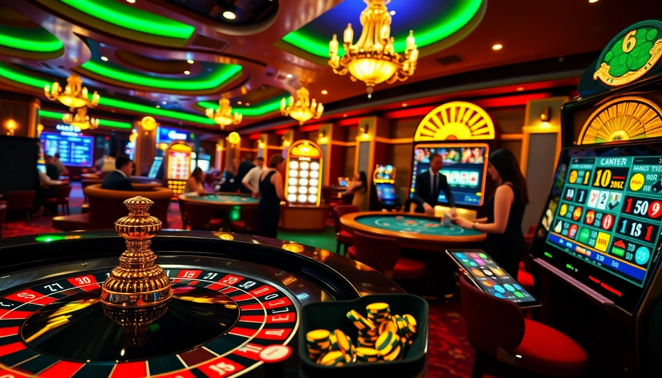 The scene showcases the finest elements of a casino, highlighting meilleur casino en ligne 2026 with vibrant roulette and blackjack games.