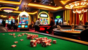 Players enjoying gaming at MM88 casino tables with vibrant poker chips and lights.