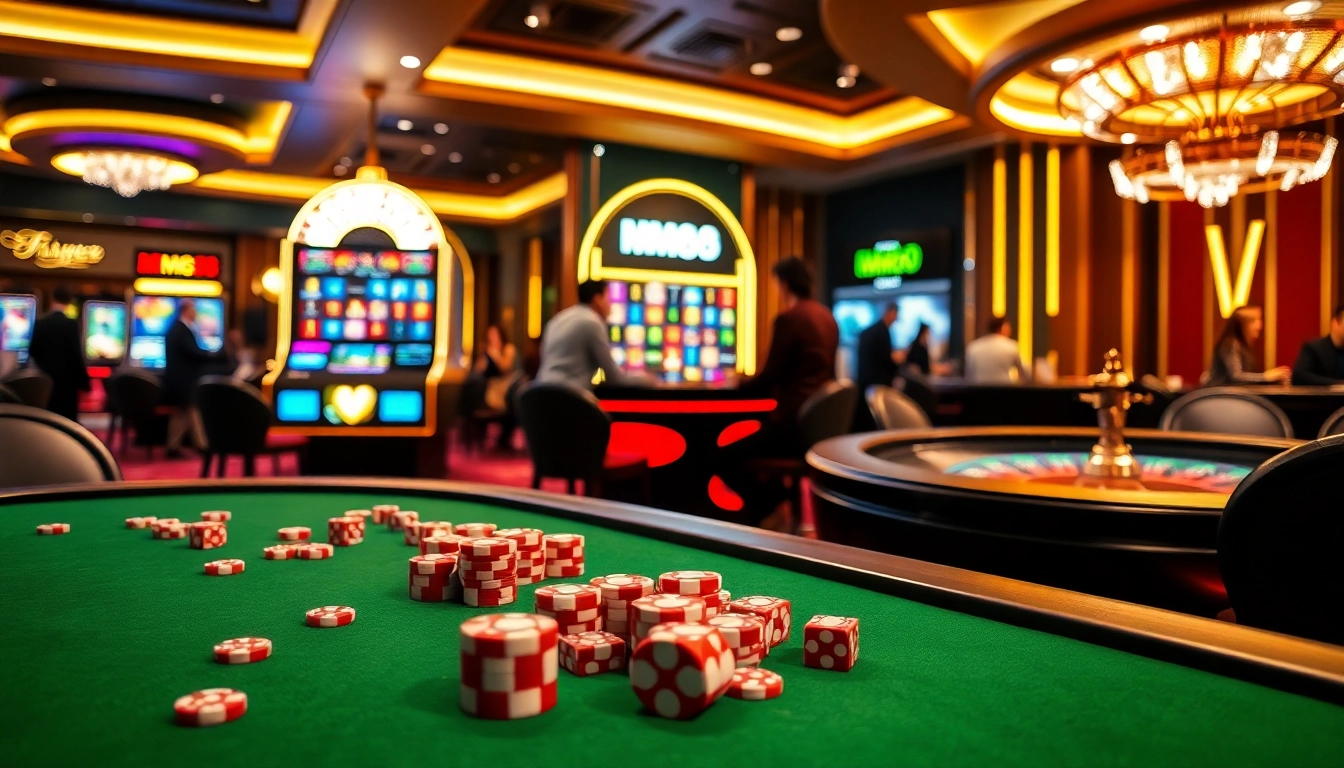 Players enjoying gaming at MM88 casino tables with vibrant poker chips and lights.
