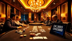 OK8386 players strategizing at a luxurious poker table with vibrant poker chips and a roulette wheel.