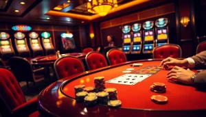 U8888 players engaging in a high-stakes poker game with vibrant casino atmosphere