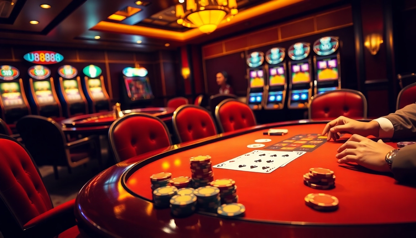 U8888 players engaging in a high-stakes poker game with vibrant casino atmosphere