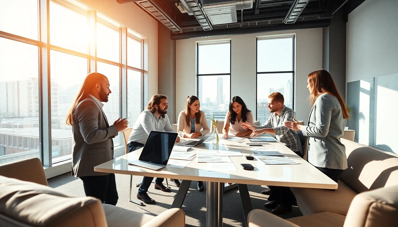 Agence de branding collaborant dans un bureau moderne, créant des concepts innovants.