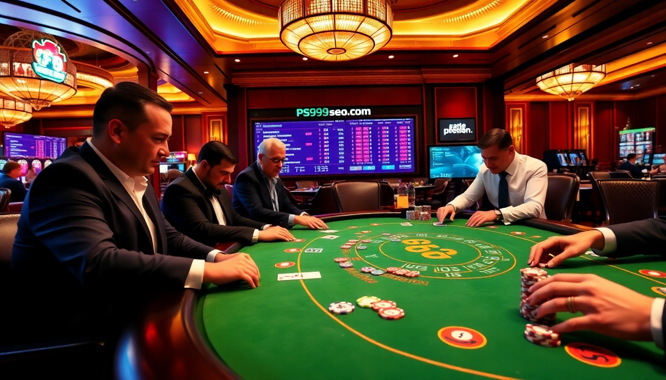 Players enjoying high-stakes poker at ps99seo.com, showcasing vibrant chips and a casino atmosphere.