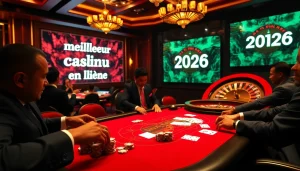 Vivez l'excitation du meilleur casino en ligne 2026 avec une scène de poker élégante mettant en avant des mises élevées.