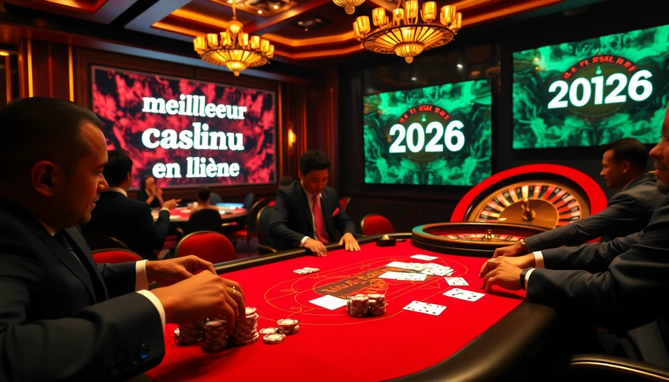 Vivez l'excitation du meilleur casino en ligne 2026 avec une scène de poker élégante mettant en avant des mises élevées.