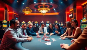 Nohu90 players engaging at a high-stakes poker table, illuminated in a luxurious casino setting.