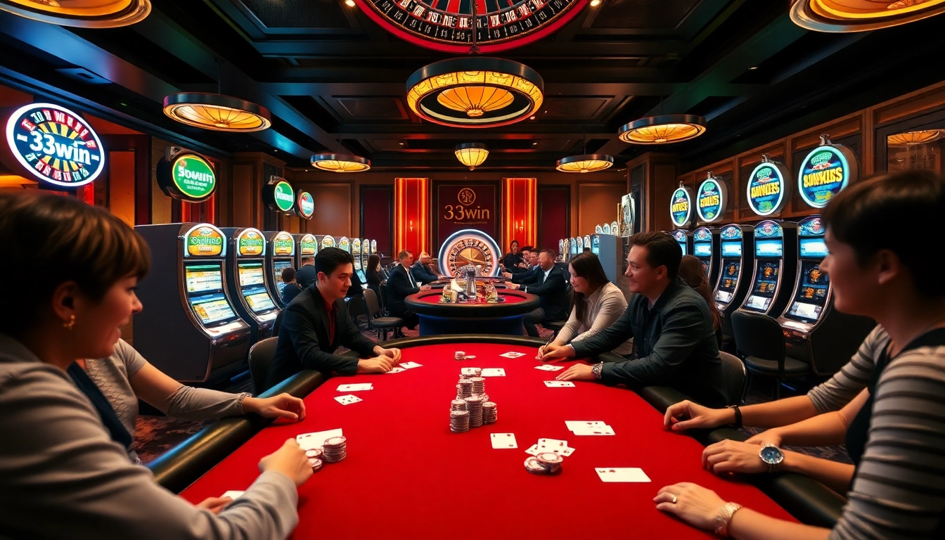 Experience the excitement of 33win at a luxurious casino table with players engaged in intense poker action.