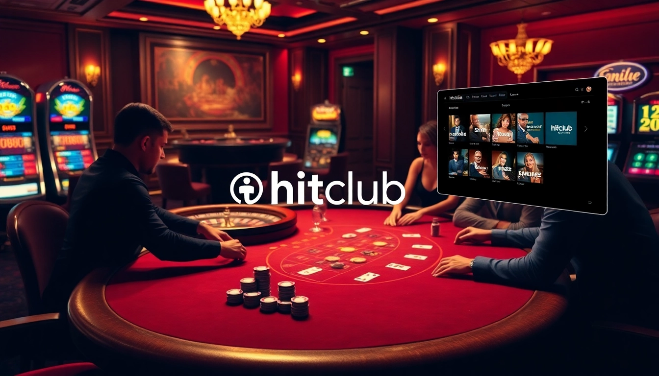 Players engaging in a thrilling poker game at hitclub, surrounded by a vibrant casino atmosphere.