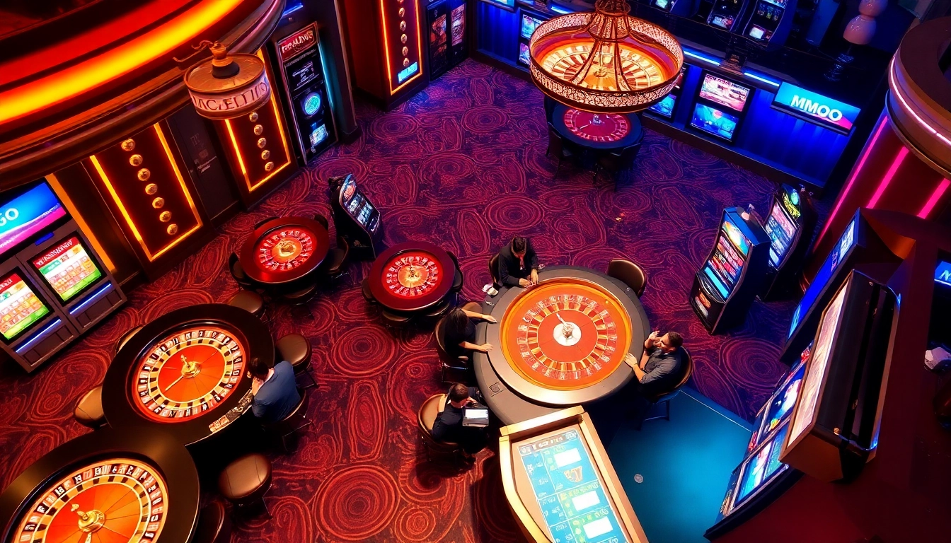 Players enjoying live gaming at MMOO casino, featuring roulette and slot machines.
